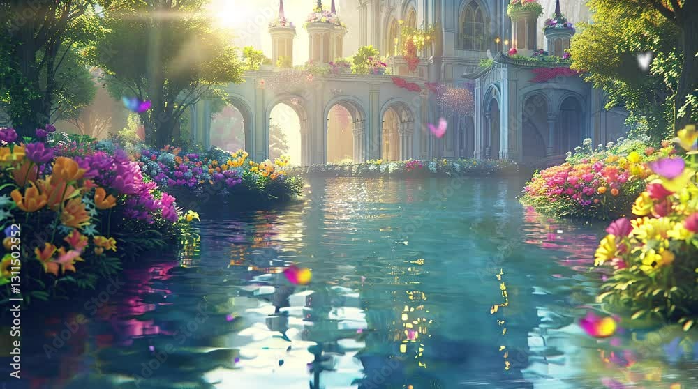 A magical fantasy castle surrounded by a vibrant floral garden, a peaceful waterway, and floating petals under golden sunlight. Seamless looping video animation background