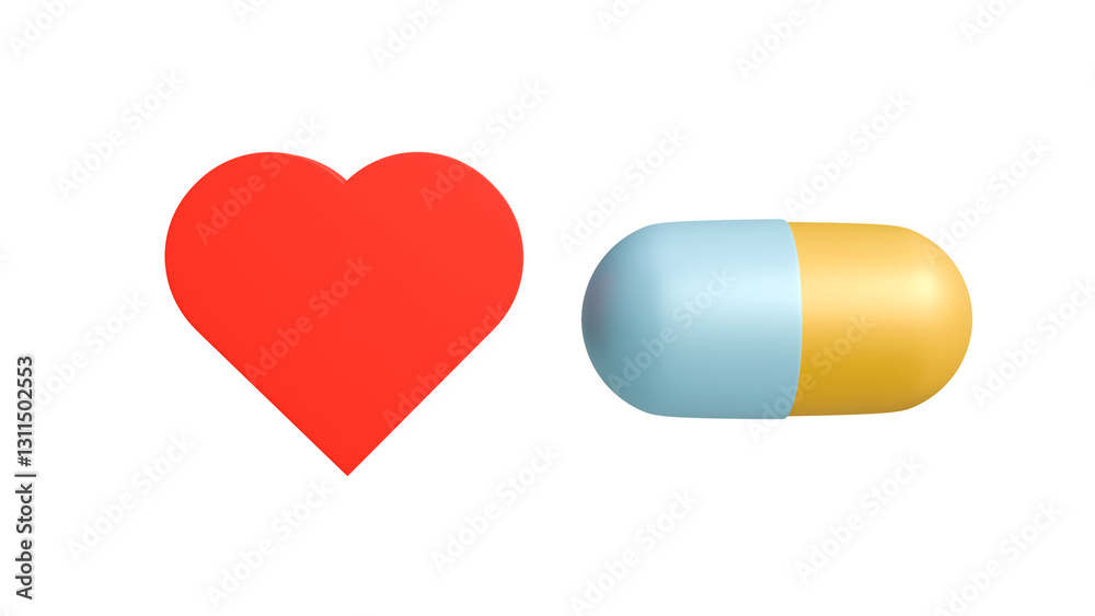3D model of capsule tablets in the colors of the Ukrainian flag yellow-blue and red heart on a white background, Ukrainian drug