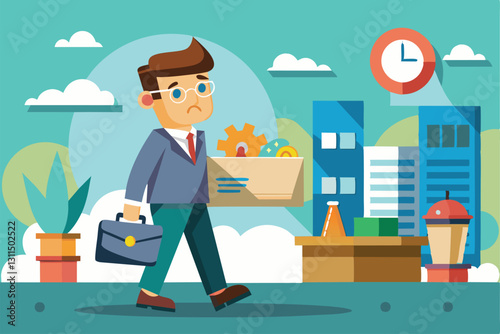 A cartoon illustration shows a man quitting his job, carrying a box of items with a sad expression, Quitting a job Customizable Cartoon Illustration