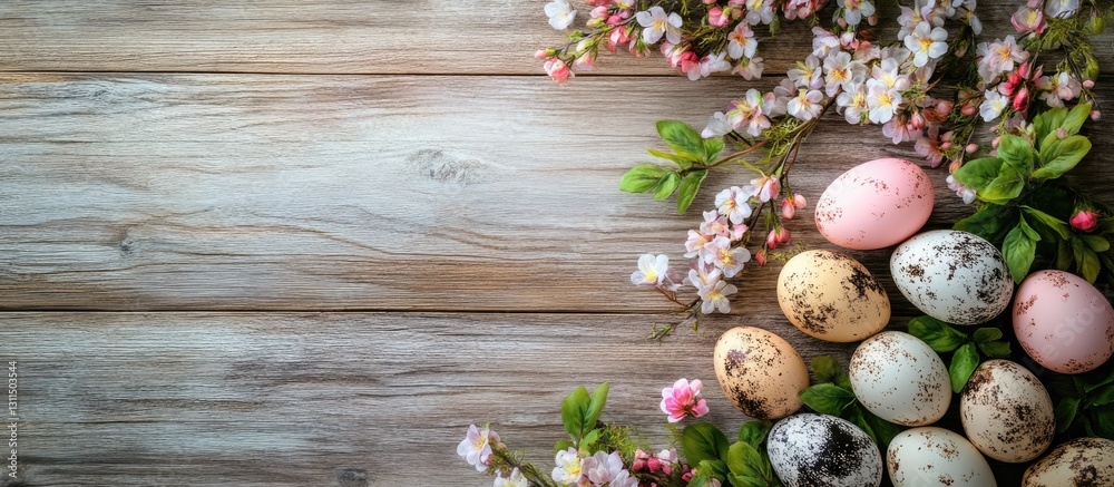 Easter background featuring pastel-colored eggs arranged with delicate flowers on rustic wooden boards with ample copy space on left side. Easter background featuring pastel-colored eggs arranged with delicate flowers on rustic wooden boards with ample copy space on left side.