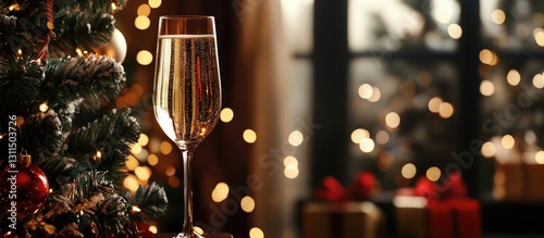 Champagne glass adorned with bubbles positioned left against a festive Christmas tree with twinkling lights and wrapped gifts in a cozy setting