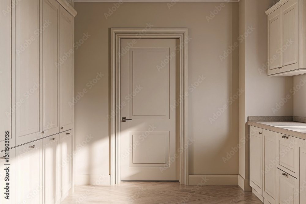 Simple elegance in a warm-toned hallway with cabinetry and a closed door providing a sense of calm and order in a modern home