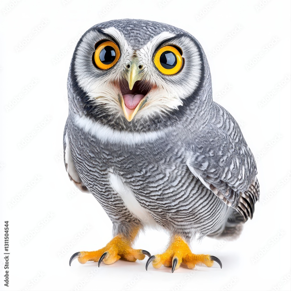 Fototapeta premium Majestic grey and white owl with striking yellow eyes posing elegantly against a pure white background