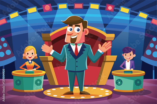 Two contestants eagerly participate in a lively quiz show hosted by a cheerful quizmaster in a colorful studio, Quiz show Customizable Cartoon Illustration
