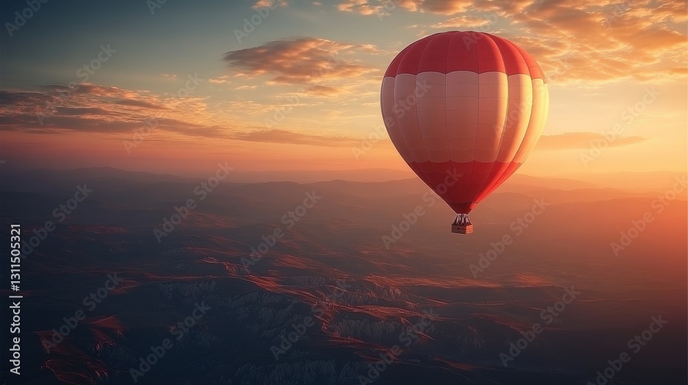 Obraz premium Hot air balloon flying over a mountain landscape during a clear blue sky