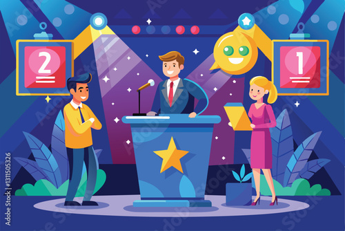 A lively quiz show setup features a host with contestants ready to answer questions in a colorful studio, Quiz show Customizable Flat Illustration