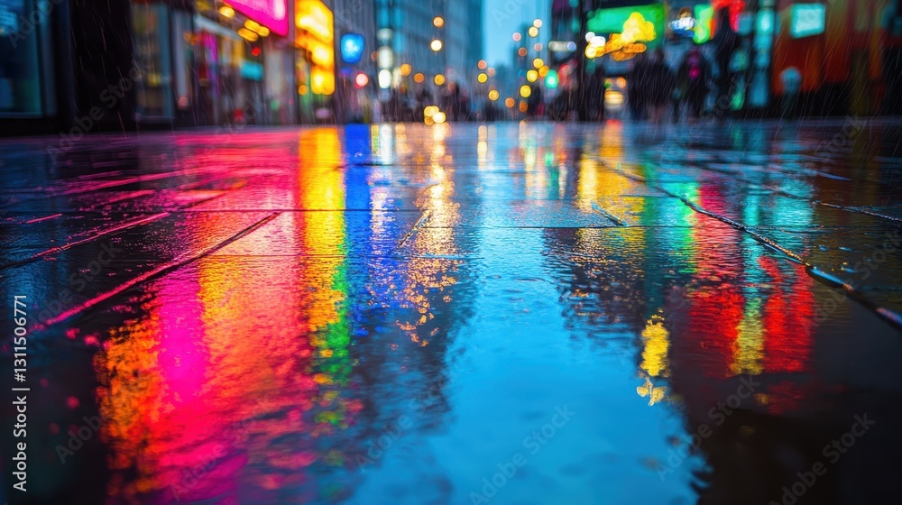 Obraz premium Vibrant City Street Reflections In Rain At Night