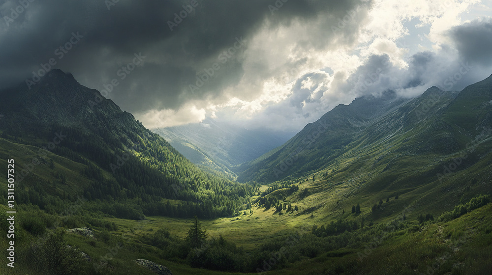 Fototapeta premium Stormy light illuminates wild mountain valley, creating dramatic scene