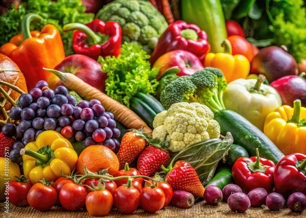 High-resolution image: fresh, organic fruits and vegetables bursting with color. Healthy eating at its finest. High-resolution image: fresh, organic fruits and vegetables bursting with color. Healthy eating at its finest.