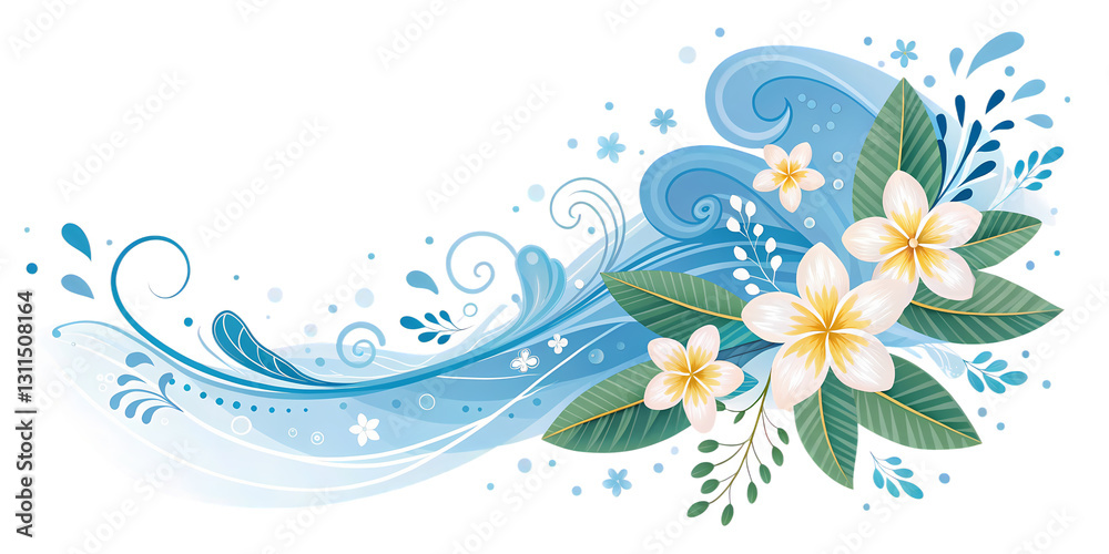 Songkran festival banner with elegant typography, blue water splashes, and floral elements, transparent background Songkran festival banner with elegant typography, blue water splashes, and floral elements, transparent background