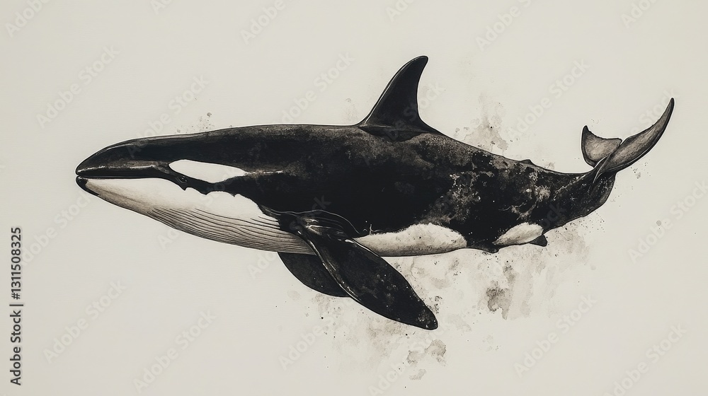 Obraz premium A striking black-and-white illustration captures a graceful whale gliding to the left. With its elongated, pointed snout and elegant, arched tail, the sleek black form exudes mystery and movement