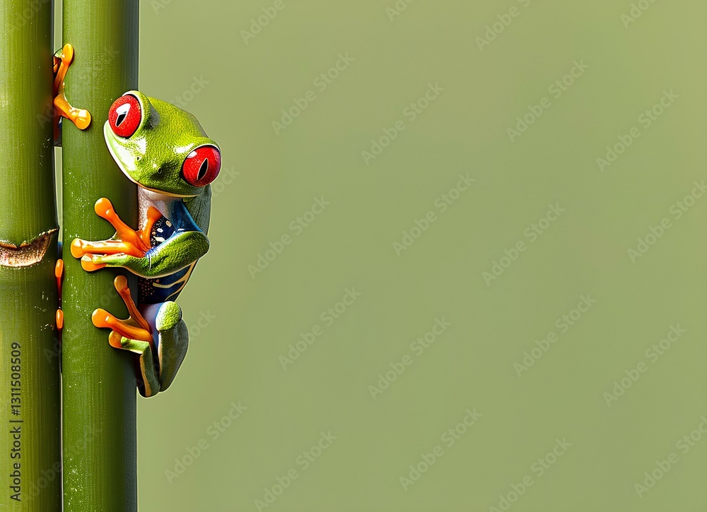 red-eyed tree frog perched on the stem of bamboo, with a green background