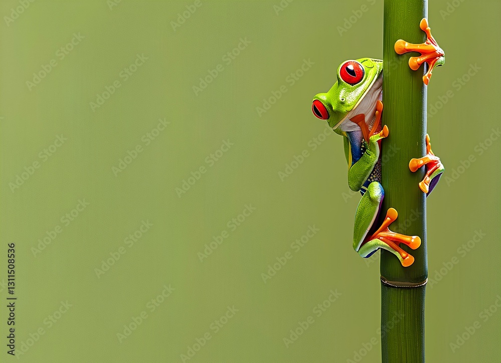 red-eyed tree frog perched on the stem of bamboo, with a green background
