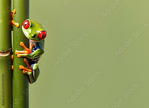 Obraz na płótnie red-eyed tree frog perched on the stem of bamboo, with a green background w salonie