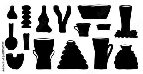 Doodle decorative vases and pots. Hand drawn vector illustration. Minimalist shapes in black colors. Contemporary art for home decor. Design element for poster, cover, brochure