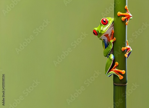Obraz na płótnie red-eyed tree frog perched on the stem of bamboo, with a green background w salonie