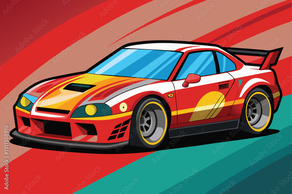 Naklejka premium A sleek race car design showcases customizable elements against a colorful, energetic backdrop, Race car Customizable Flat Illustration