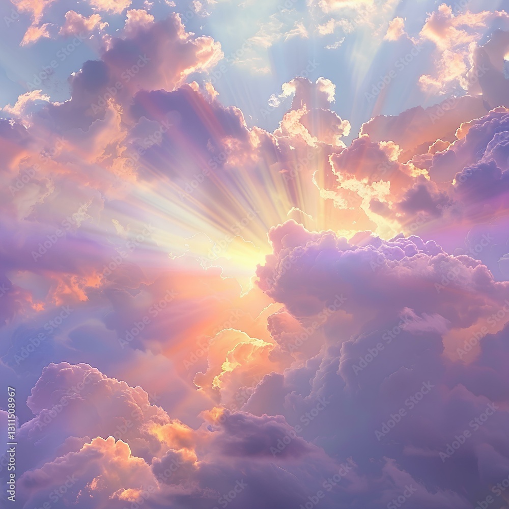 vivid and almost ethereal portrayal of the sky, awash with a spectrum of pastel colors. The clouds are infused with hues of pink, purple, orange, and a hint of gold, suggesting the time of day could