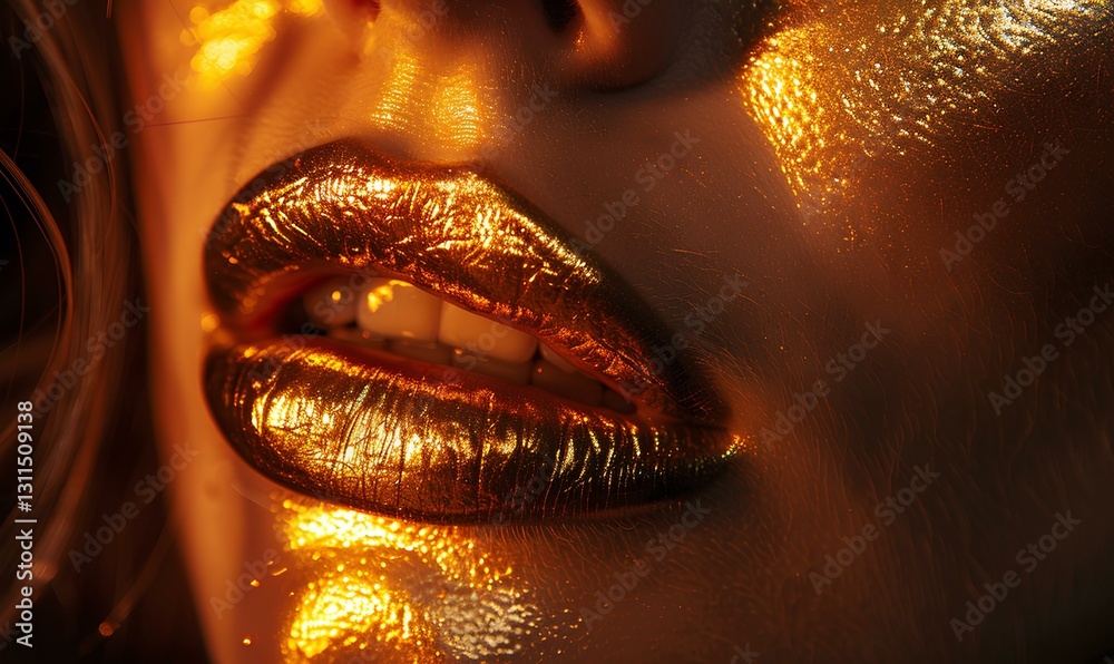 woman, gold, sensual, gorgeous woman with gold lips, mysterious and dramatic lighting, front view