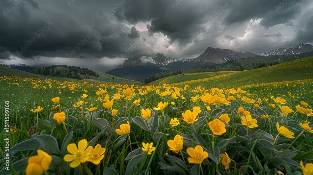 yellow flowers in the grass, dark clouds above the mountains
