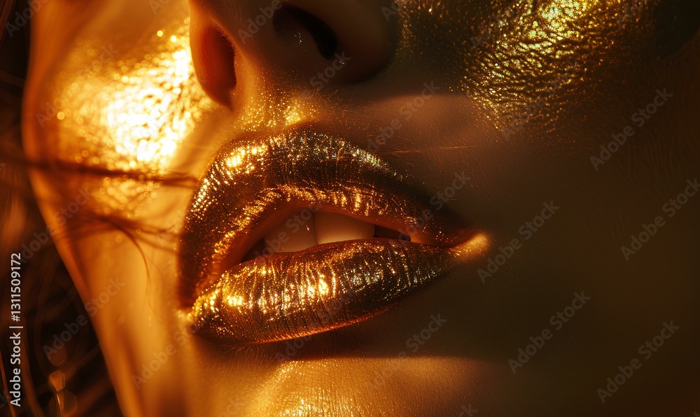 woman, gold, sensual, gorgeous woman with gold lips, mysterious and dramatic lighting, front view