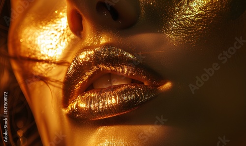 Obraz na płótnie woman, gold, sensual, gorgeous woman with gold lips, mysterious and dramatic lighting, front view w salonie