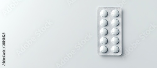 Empty tablet blister pack with white circular tablets on a light gray background positioned to the right with ample copy space for healthcare concepts photo