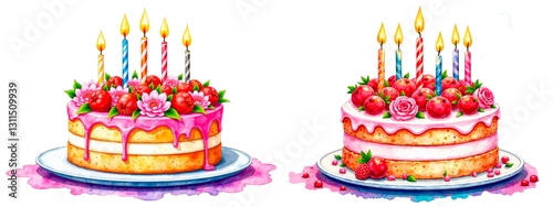Watercolor illustration of a festive cake with candles and flowers on a white background. A delicate and artistic dessert painting, perfect for invitations, menus, packaging.