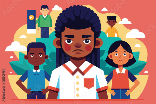 Children display varying emotions related to racism, highlighting the impact on their community and unity, Racism Customizable Disproportionate Illustration