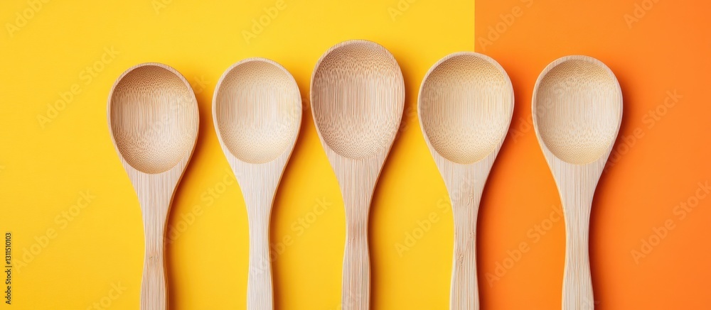 Five bamboo spoons arranged in a row on a split orange and yellow background with ample copy space highlighting eco-friendly kitchen essentials. Five bamboo spoons arranged in a row on a split orange and yellow background with ample copy space highlighting eco-friendly kitchen essentials.