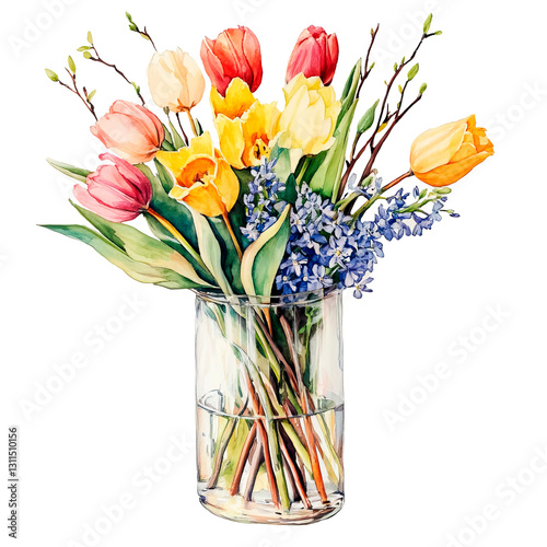Watercolor illustration of a flower bouquet in a vase on a white background. A delicate and artistic composition, perfect for greeting cards, prints, and decor.