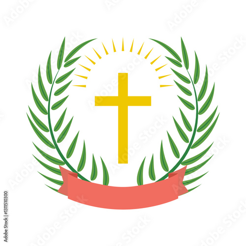 Golden Cross with Radiant Sunburst and Laurel Wreath for Faith and Victory