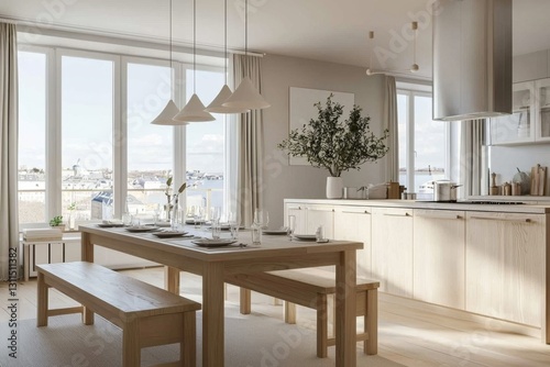 Spacious dining room featuring large windows and Scandinavian decor. 
