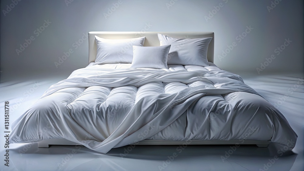 Obraz premium Isolated white bed, bathed in bright light. Minimalist bedroom setting, long-exposure shot showcasing clean, white bedding.