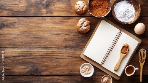 Baking recipe book mockup. Empty notebook page surrounded by baking ingredients on wooden table.