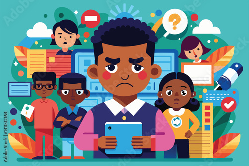 Students discuss racist bullying, sharing feelings and seeking solutions together, Racist bullying Customizable Flat Illustration