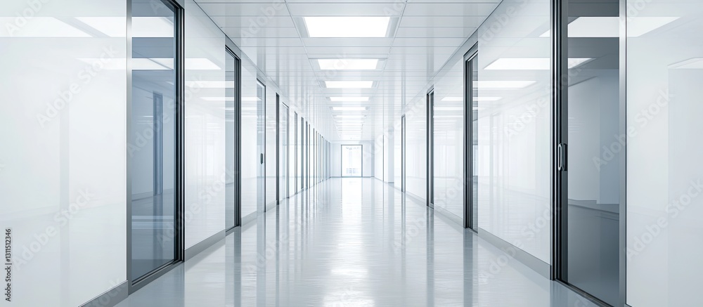 Obraz premium Contemporary office corridor featuring sleek glass partitions and glossy white floors illuminated by bright overhead lights creating a spacious feel