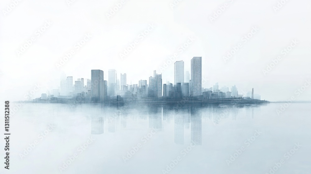 Obraz premium Misty city skyline reflected in calm water; urban landscape, website background