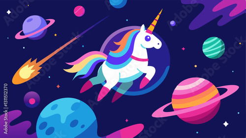 Unicorn and Celestial Adventure A dynamic illustration of a unicorn in a futuristic spacesuit soaring through an array of planets and shooting stars. The unicorns horn sparkles