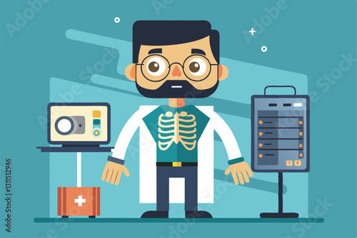 A cartoon radiographer stands in a medical environment alongside vital imaging equipment, Radiography Customizable Cartoon Illustration