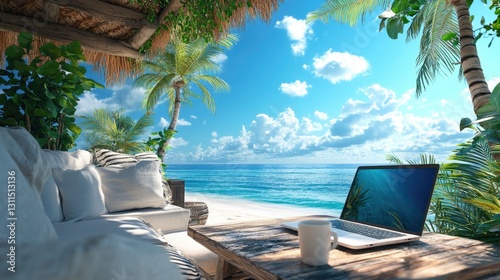 freelancer's outdoor office or workspace with laptop and coffee cup at sea beach on summer holiday.	