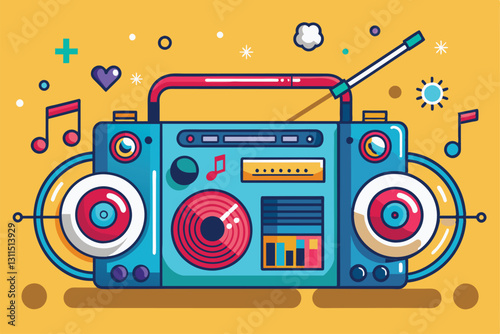 A lively retro radio captures attention while playing upbeat music in a vibrant environment, Radio is playing music
