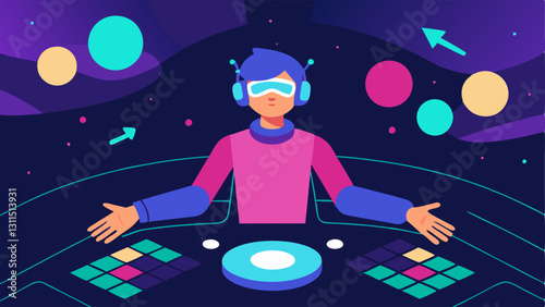 Traveling Through Space A user floating in a virtual spacecraft grasping controls that light up with their gloves engaging in various tactile sensations representing buttons and
