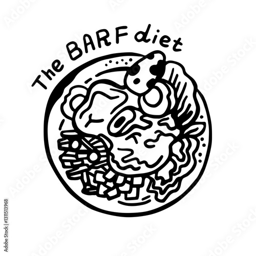 Vector black and white illustration of balanced food, for animals, with bones and raw meat in a plate on a white isolated background