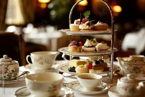 Traditional afternoon tea service featuring an array of delicious pastries. 