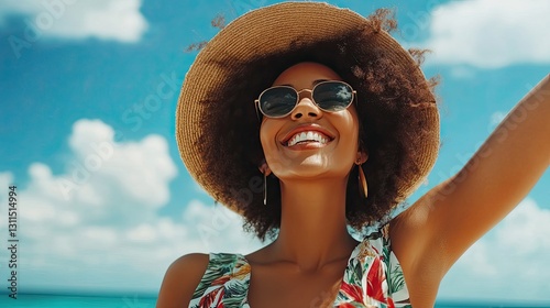 Smiling Afro Woman Wearing Floral Swimsuit and Straw Hat Enjoys Sunny Beach Vacation with Blue Sky and Ocean Backdrop
