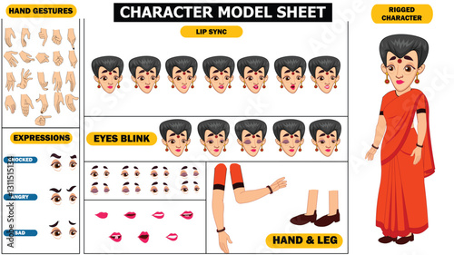 Old, young beautiful indian woman in saree, spritesheet of woman character, including eyes blink, lip sync and hand poses and face expressions