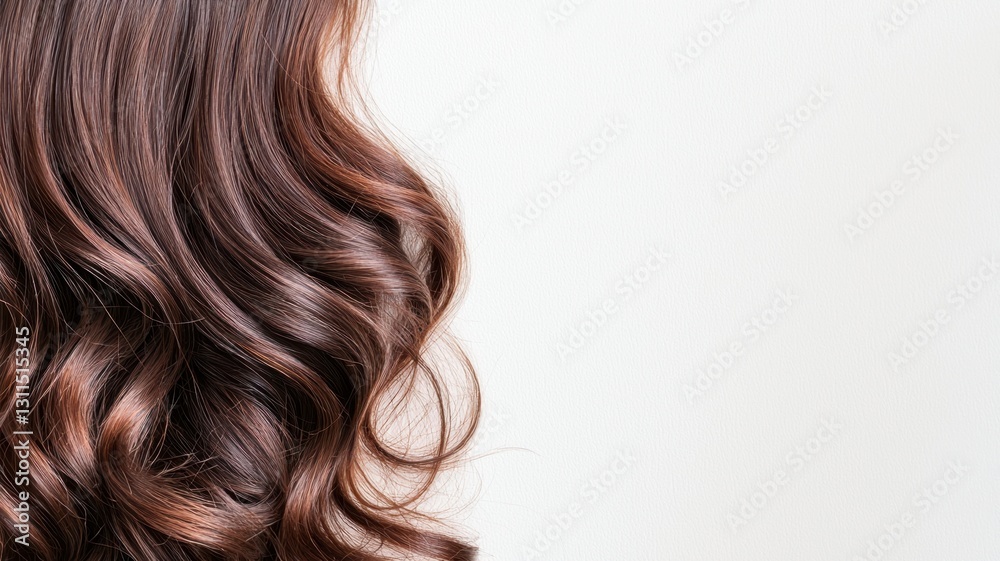 Naklejka premium Curly brown dark Hair dye Close-up highlighting natural volume and radiant shine against pristine white background Copy space for text