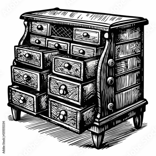 Vintage Hand Drawn Wooden Dresser Illustration with Open Drawers in Detailed Sketch Style