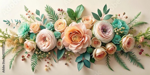 Elegant Floral Arrangement Featuring Delicate Peach and Mint Roses, Lush Greenery, and Berry Accents